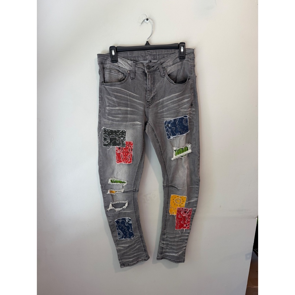 Rue21 Premium Skinny Arc Supreme Gray Bandana Patch Distressed Jeans 30x30